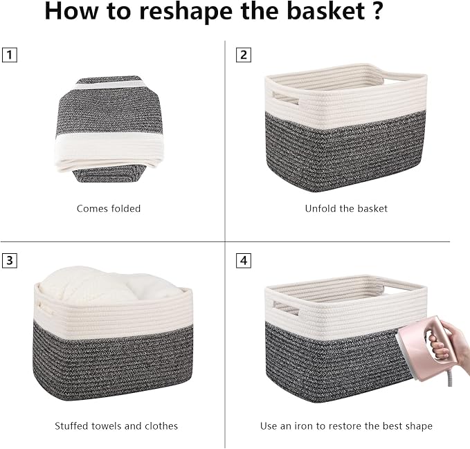 OIAHOMY 4 Pack Storage Basket, 13"x9"x7.8" Cotton Rope Baskets for Shelves, Closet Organizer for Bedroom & Living Room, Soft Decorative Bins for Organizing Towels, Books & Toys, Black & White - Image 7