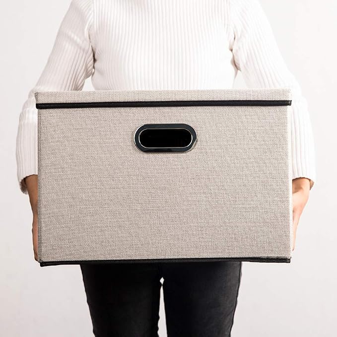 Large Foldable Storage Bin with Lid [1-Pack] Linen Fabric Decorative Storage Box Organizer Container Basket Cube with Handles Divider for Closet Office Living Room Light Grey(17.7x11.8x11.8) - Image 7