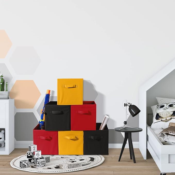 Sorbus Storage Cubes - 11" Foldable Storage Bins with Handle for Nursery, Playroom, Closet Organizers and Storage - 6 Fabric Shelf Basket for Toys, Books, Clothes - Yellow Navy & Red Storage Bins - Image 7