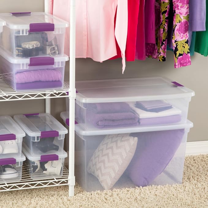 Sterilite 66 Qt ClearView Latch Storage Box, Stackable Bin with Latching Lid, Organize Clothes, Blankets, Items in Closet, Clear Base and Lid, 12-Pack | Clear Plastic Organizers with Color Accent Latches for Closet, Bedroom, Shelving Units, Dorm Room a... - Image 7