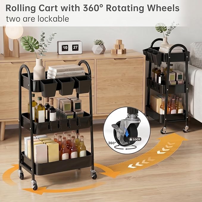 danpinera 3-Tier Rolling Cart, Utility Cart Mobile Metal Rolling Storage Cart with Lockable Wheels & Hanging Cups & Hooks for Kitchen, Bathroom, Office, Workshop, Black - Image 4