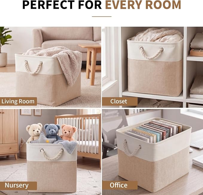 13×15×13 Inch Foldable Fabric Storage Basket with Handles | Large Storage Basket,6 Pack Storage Cubes,Home Organisation Solutions,Closet Storage (White&Beige) - Image 6