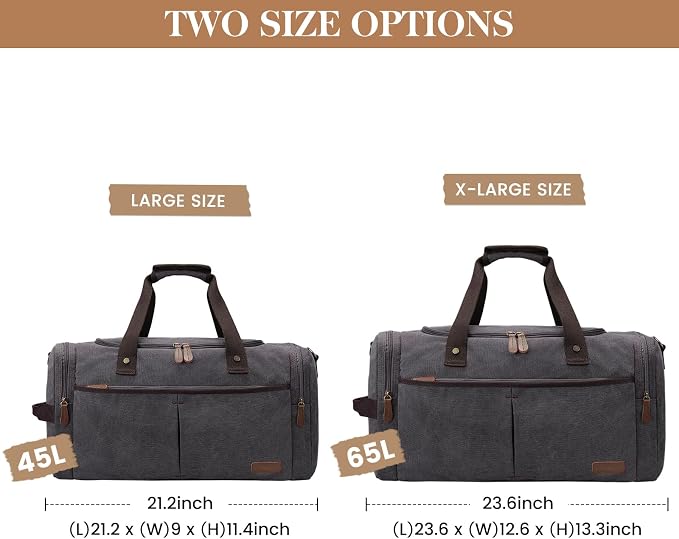 S-ZONE 65L Expandable Canvas Duffle Bag Travel Overnight Holdall Weekend Bag with Shoes Compartment Large Carry On Bag Tote Gym Bag for Men Women, Grey, L | Cotton Canvas, 45L Large Size, Shoes Compartment,Multi-Pocket, Removable Shoulder strap for Gym... - Image 4