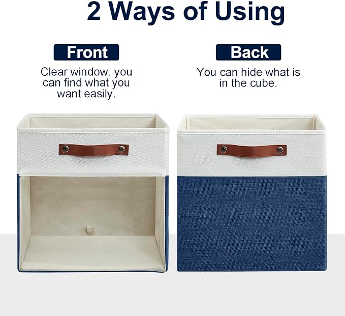Storage Cubes, 4 Pack Linen Foldable Storage Bins (13 x 13 inch) with Clear Window and Handles, Fabric Organizer for Shelf Closet, Clothes, Books - (Navy Blue and White) - Image 7