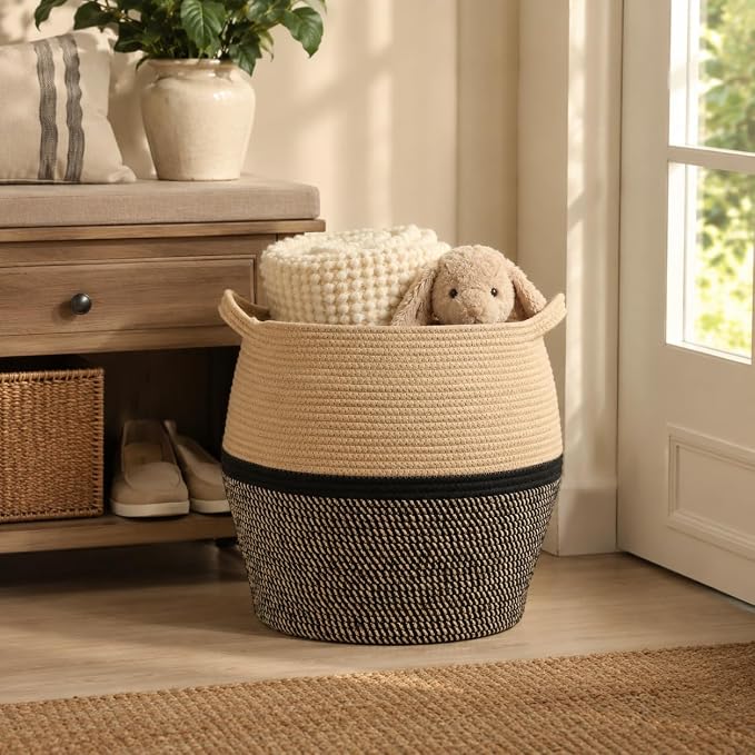 KAKAMAY Woven Baskets for Storage(17"x17"),Large Cotton Rope Woven Baby Laundry Hamper,Collapsible Laundry Basket, Blanket Basket for Organizing Living Room,Nursery,Clothes,Toy chest (Black) - Image 4