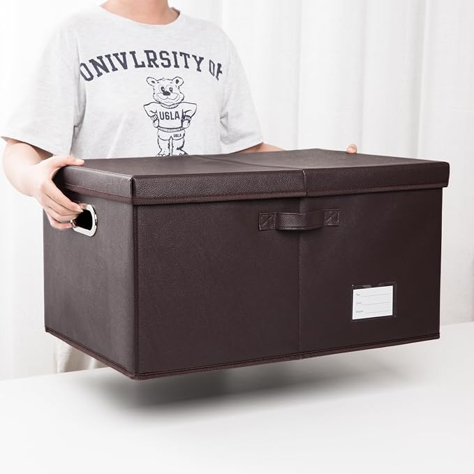 Collapsible Storage Box with Lid [1-Pack] Leather Fabric Foldable Storage Bin Organizer Container Basket Cube with Cover for Home Bedroom Closet Office Nursery Brown (22.8X15.7X11.8) - Image 6