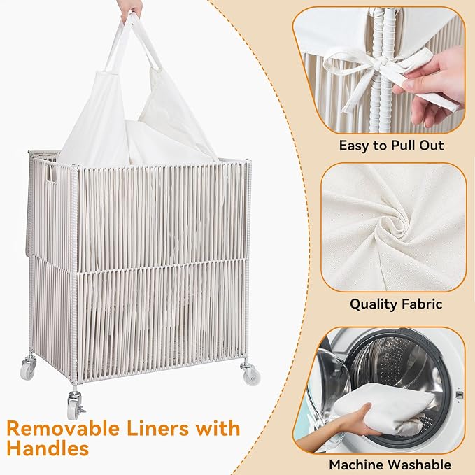 WOWLIVE Rolling Laundry Basket Wheels, Handwoven Laundry Hamper with Lid | Double Clothes Hamper with Divided Removable Bag, 115L Large Laundry Sorter 2 Section, Laundry Room Organization, White - Image 5