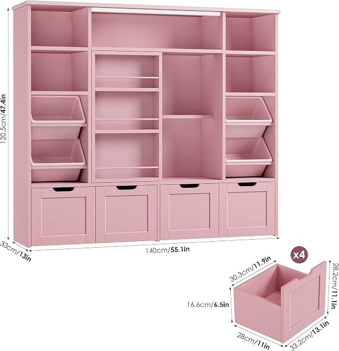 Toy Storage with Sliding Bookshelf, Toy Organizer with 4 Bins | 55.1’’ W Large Toy Storage Organizer Kids Bookshelf with 4 Movable Drawers, Toy Bins Playroom Storage for Kid Room, Pink - Image 3