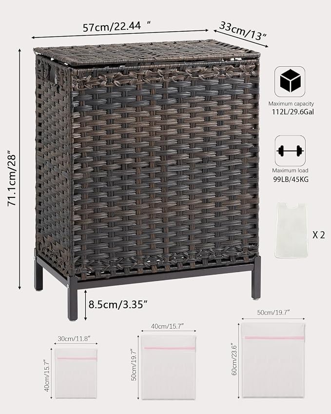 SETVSON Laundry Hamper with Lid, 29.6 Gal 2-Bag Clothes Sorter, Brown | 112L 2-Section PE Rattan Hamper with Lid, Metal Heightened Feet, 2 Removable Liners, 6 Mesh Laundry Bags, Steel Frame - Image 5