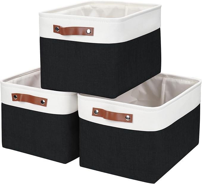 Storage Bins Large Fabric Storage Baskets for Shelves 3 Pack, Decorative Linen Closet Baskets with Handles for Organizing, Shelf, Clothes, Home, Office, 15x11x9.5Inches (Black&White) by Bagnizer