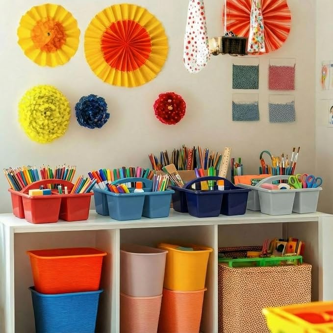 Kathfly 8 Pack Classroom Caddy Organizer with Handle, Plastic Art Craft Cleaning Caddy Bulk, Small Multipurpose Supply Organization Storage Basket for Table Desk Office Pencil Teacher (Blue Orange) - Image 3