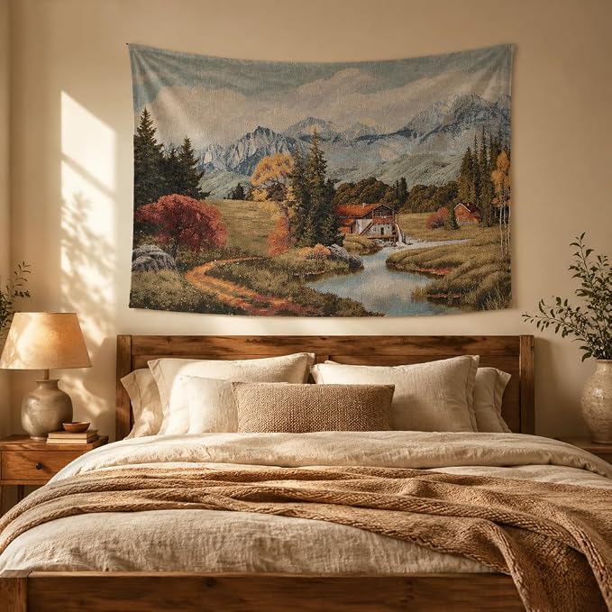 Vintage Mountain Landscape Woven Wall Tapestry, 41.5”x28“ Alpine Nature Scene Jacquard Wall Hanging, Forest & Stream Fine Art Fabric with TC Lining & Dual Rod Pockets, Rustic Cabin Home Decor (Autumn Rust & Crimson) - Image 7