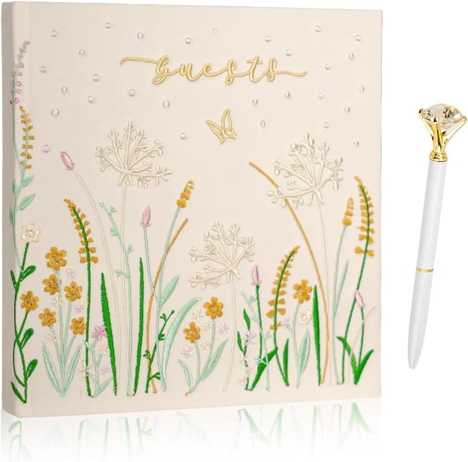 Embroidered Wedding Guest Book—The Perfect Polaroid Guest Book for Wedding Receptions, Birthdays, Baby Showers, and Special Events with 3 Photo corner stickers+ 3 DIY pens+1 Diamond Pen (Yellow) by Gatyko