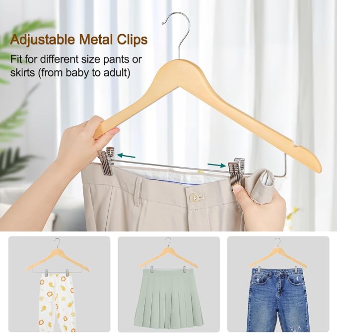 TOPIA HANGER Wooden Suit Hangers with Adjustable Metal Clips (20 Pack), Solid Smooth Wood Clothes Hangers, 360° Swivel Hook, Premium Pants Hangers for Clothes Coat, Jeans, Blouse-Natural, CT28N20 - Image 4