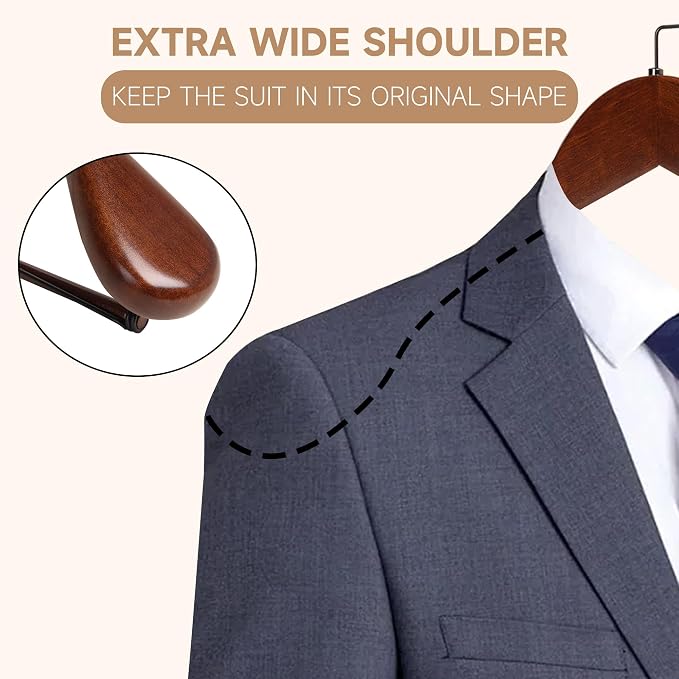 Wide Shoulder Wooden Hangers with Locking Bar, Walnut, 2-Pack | Non-Slip Suit Hangers with Flat-Head Hook for Suits, Jackets, Coats, Shirts, Outerwear and Heavy Clothes - Image 4