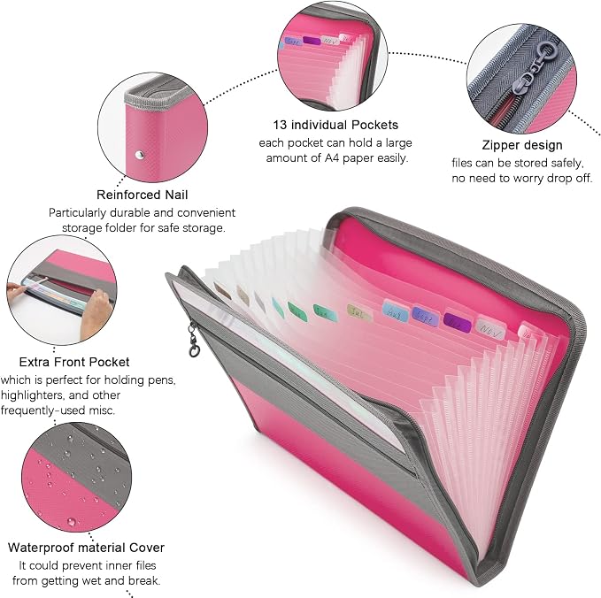 NAFY Expanding File Folder, 13 Pockets Document Organizer with Zipper, A4 Letter Size Portable Accordion Expanding File Folders with 27pcs Multicolor Labels for Home Office School Supplies (Pink) - Image 3