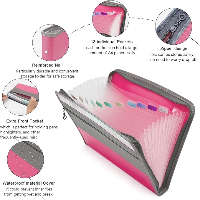 NAFY Expanding File Folders, 13 Pockets Document Organizer with Zipper, A4 Letter Size Portable Accordion Expanding File Folders with Multicolor Labels for Home Office School Supplies (Mix 4 Color) - Image 3