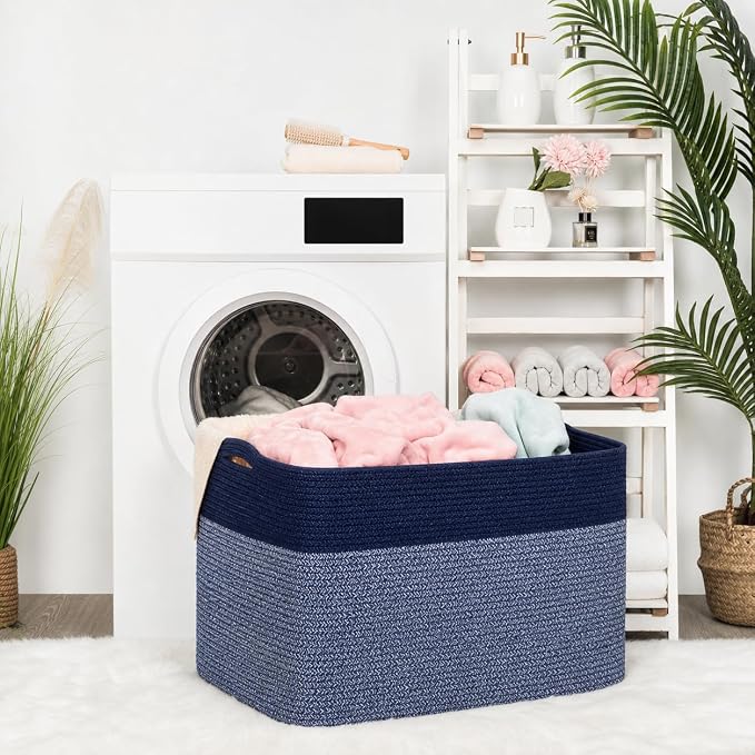 112L Extra Large Blanket Basket Holder Living Room, 25"x17"x16" Rectangle Rope Woven Storage Basket with Handles for Laundry, Towels, Shoes, Dog Toy Organizer Bin Box, Navy Blue - Image 5