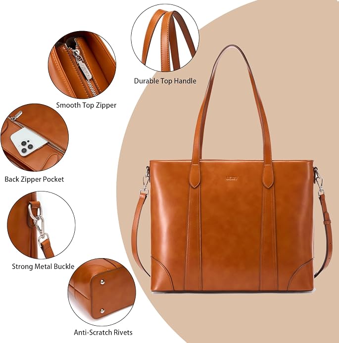 Genuine Leather Tote Bag for Women, Large Tote Purses with Zipper | Large capacity and multiple pockets, Quality leather with adjustable strap, Vintage design for work or travel - Image 5