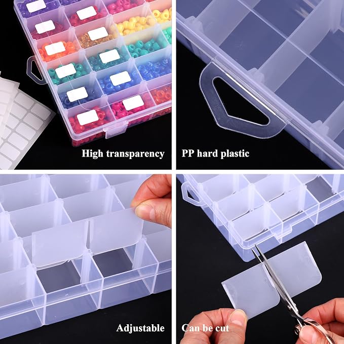 Bead Organizer Storage 8 Pack 36 Grid Jewelry Tackle Craft Box Adjustable | Clear Plastic, Adjustable Dividers, Label Stickers Included, for Beads Jewelry Crafts Fishing Tackle and Small Parts - Image 3