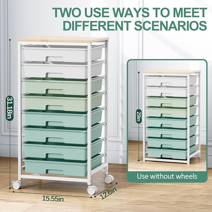 Storage Cart with 8 Drawers, Utility Cart with White Drawers and Wooden Tabletop, Craft Cart, Teacher Organization for Classroom, Storage Furniture, Office Organization, Green | Utility Cart on Wheels with Wooden Tabletop,Teacher Organization for Class... - Image 2