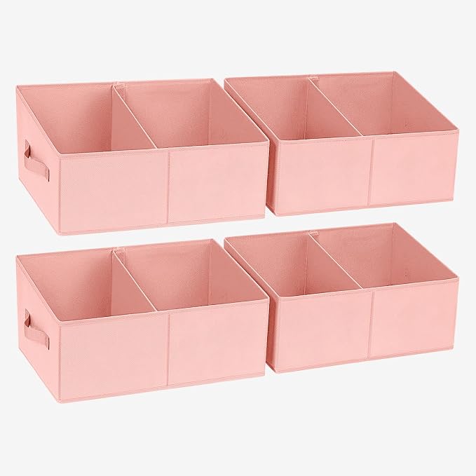 DIMJ Large Closet Shelf Organizer Bins 4 Packs with Handles and Divider, Fabric Trapezoid Storage Baskets, Foldable Clothes Containers Box for Shelf, Towel, Book, Toy, Purse, Hats, Pink by DiMJ