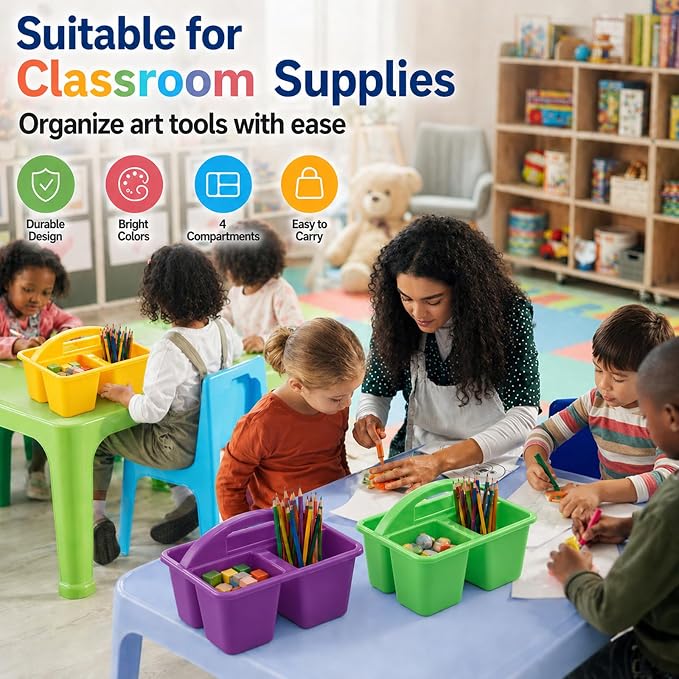 gisgfim 6 Pack Plastic Classroom Caddy with 4-Compartments Plastic Storage Caddies with Handle 4 Compartments Table Caddy Organizer Versatile Table Caddies for Classroom Office, Rainbow Color - Image 5