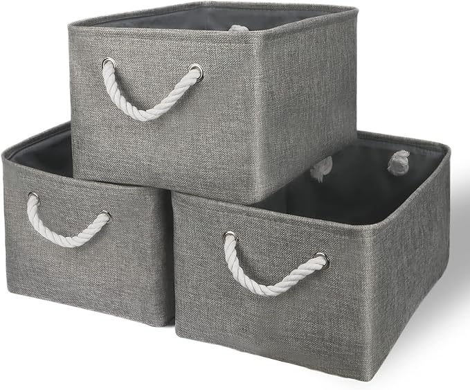 Storage Bins - Medium 3 Pack Storage Baskets for Organizing Shelves | Fabric Storage Cubes Organizer for Linen Closet Nursery Home Decor Grey by TheWarmHome