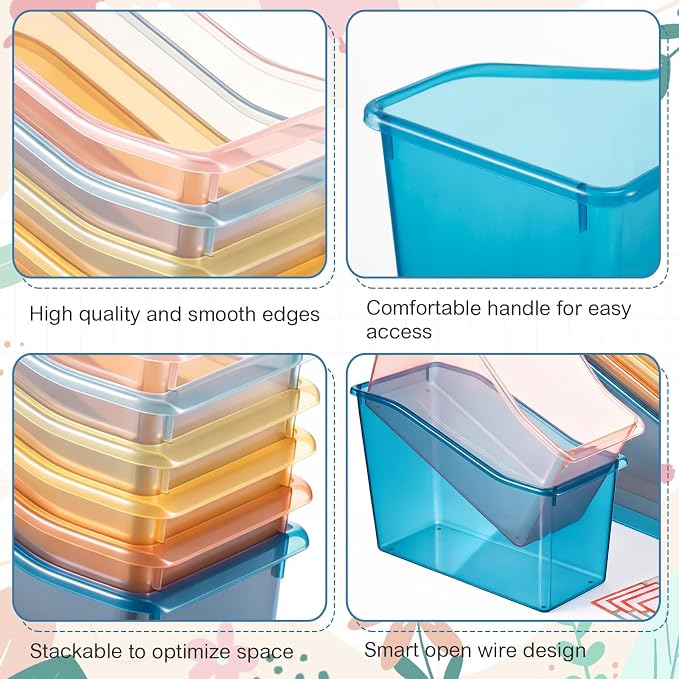 Geetery 12 Pcs Book Bin for Classroom with Labels Stackable Plastic Organizing Bins 11.5 x 5.4 x 7.5 in Book Holders Storage Bins Box Baskets for Classroom Library Home (Semitransparent) - Image 3