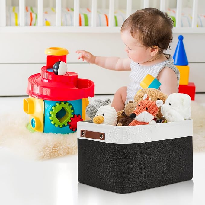 DULLEMELO Canvas Storage Bin with Handles, Fabric Bins for Shelves, Bedroom, Office,Nursery,Fabric Storage Baskets for Toys, Clothes,Gift(3-Pack Medium-15 inch X 11 inch X 9.5 inch , White&Black) - Image 3