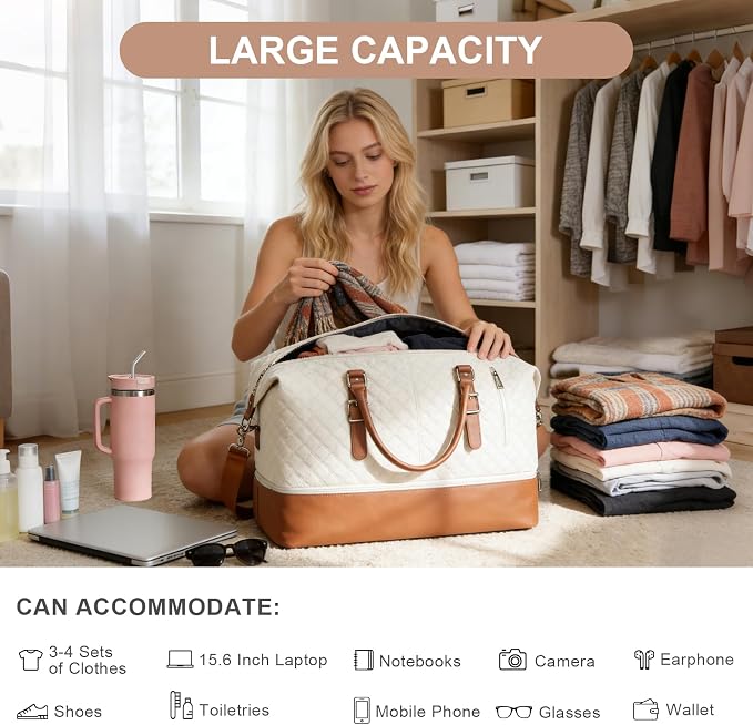 Travel Duffel Weekender Bag Women Tote Carry On Bags With Shoe Compartment | Travel Overnight Bags with Trolley Sleeve for Airplanes Sport Tote Gym for Men Waterproof Lightweight Daypack Beige - Image 6