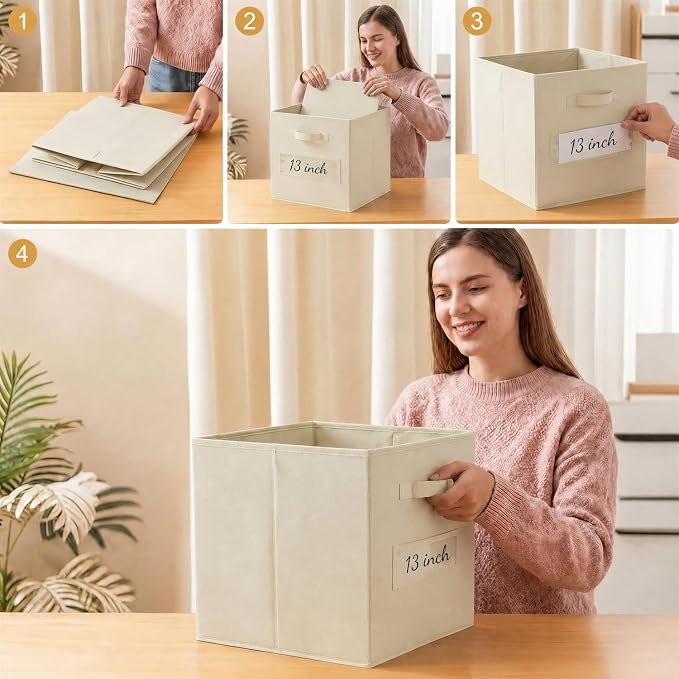 Storage Bins,13" Cube Storage Bin with Labels,10pcs,Beige | Fabric Storage Cubes for Shelves,13 Inch storage cube bins with 10 Labels Window Cards & a Pen. - Image 5