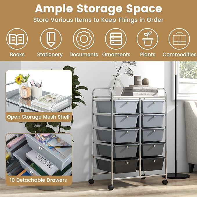 10 Drawer Rolling Cart, Storage Cart Organizer on Wheels, Drawer Cart with Metal Frame & Large Storage Capacity, Rolling Cart with Drawers for Living Room Classroom, Office - Image 5