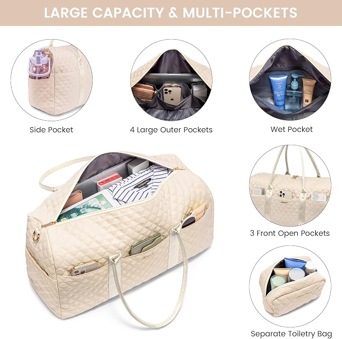 LOVEVOOK Travel Duffle Bag, Weekender Bags for Women with Shoe Compartment, Quilted Carry on Overnight Bag with Toiletry Bag, Hospital Bags for Labor and Delivery, Gym Duffel Bag with Wet Pocket - Image 2