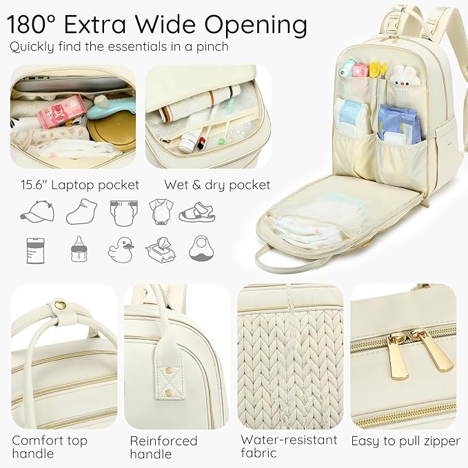 AIJIEKE Diaper Bag Backpack, Large Multi-functional Diaper Backpack, Beige | Waterproof lightweight baby backpack. With changing pad, stroller straps, insulated & wet/dry pockets. Mom & dad essential - Image 4