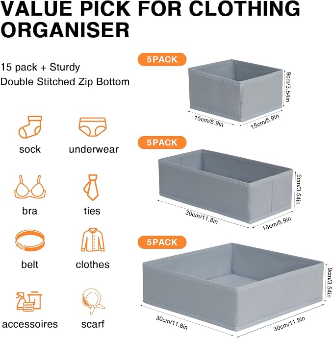 DIMJ Drawer Organizer 15 Pack - Foldable Baby Clothes Storage & Dresser Organizer for Nursery, Bedroom, Closet - Nursery Organization Dresser Dividers for underwear, Sock,Bra, Belt, Tie, Gray - Image 2