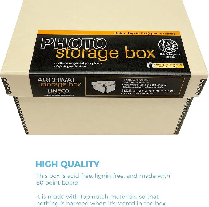 Lineco Archival Photo Card Box, Museum-Quality Storage, 5x8x12 Inch, Tan | Acid-Free with Removable Lid, Metal-Edge Corner, Bulk Storage and Preservation for Negatives, Prints, Films, Photos, Snapshot - Image 5
