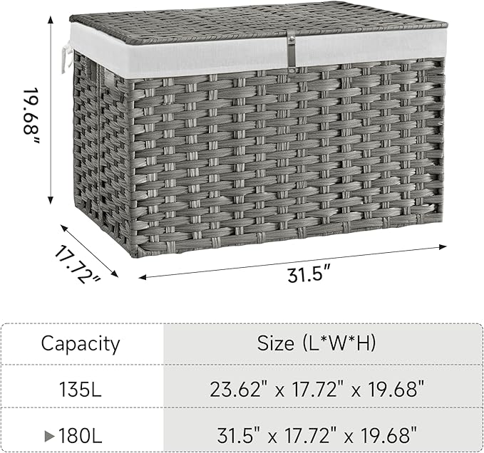 180L Wicker Storage Basket with Lid, Handwoven Rattan Large Shelf Basket with Removable Liner, 47.6 Gallon Wicker Basket for Blanket, Storage Trunk with Handle for Closet, Bedroom, Livingroom, Grey - Image 4