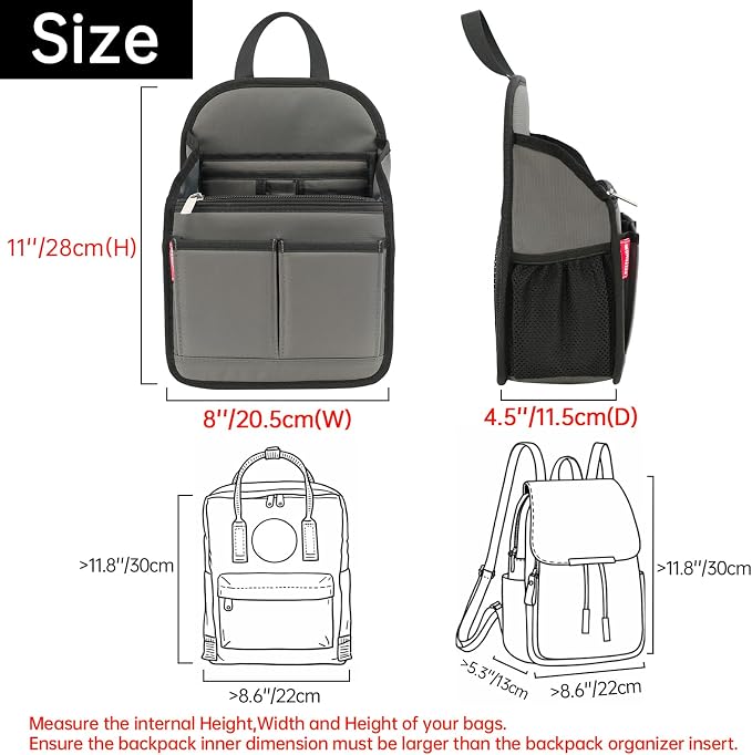 Mini Premium Rugged Backpack Purse Organizer Insert for Women Fashion Small Backpack-19 Pockets,Padded Water-repellent Nylon-Gray - Image 6