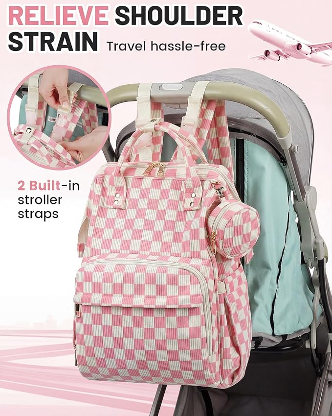 Corduroy Diaper Bag Backpack, Large Capacity Multifunction Baby Diaper Bags for Women, Insulated Bottle Pockets & Pacifier Case, Stylish Travel Nappy Changing Bags for Mom Dad (Checkered Pink) - Image 7