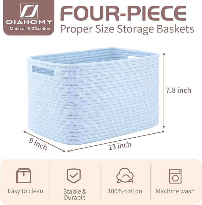 OIAHOMY 4 Pack Storage Baskets for Organizing 15L Storage Bins Light Blue | Woven Baskets for Storage Rectangle Small Baskets With Handles Baskets for Shelves Wicker Baskets for Shelves 12.7x9x7.8inch - Image 2