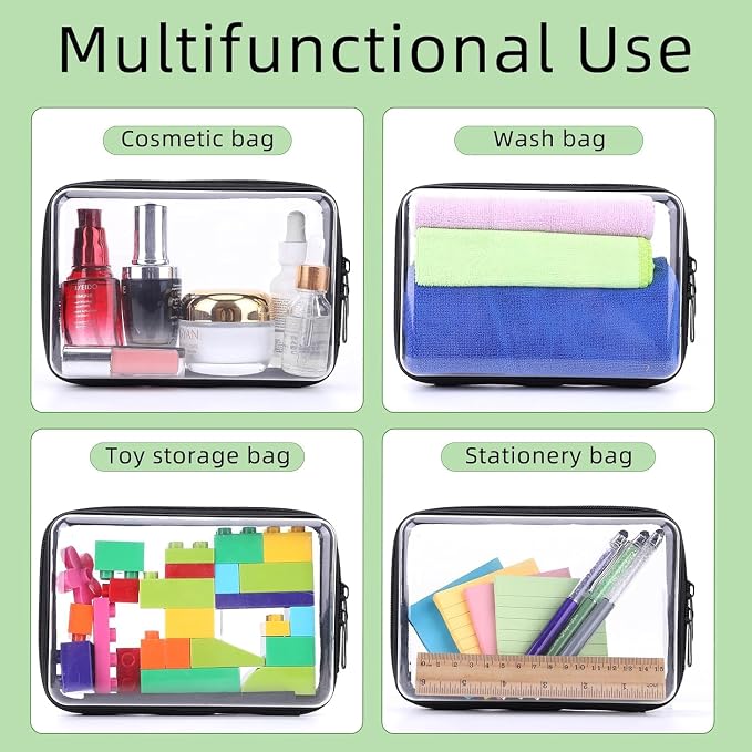6PCS Clear Hard Shell Zipper Case 13.8 * 11.8 * 2 IN (Black) | Transparent shell for easy item access. Works as cosmetic bag, toy pouch, diaper organizer and pencil case. - Image 3