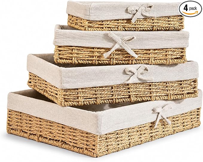 Baskets for Shelves Set of 4, Woven Paper Rope Storage, Khaki | Shallow Nesting Organizer Baskets with Removable Linen Liner, Pantry Bathroom Closet Cabinet Bookshelf storage, 9.8in-15.7in by Rattanzenith