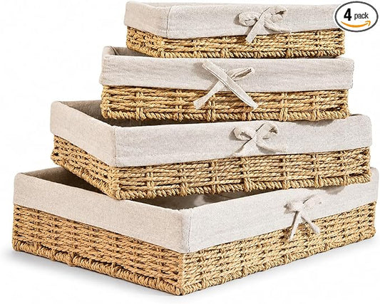 Baskets for Shelves Set of 4, Woven Paper Rope Storage, Khaki | Shallow Nesting Organizer Baskets with Removable Linen Liner, Pantry Bathroom Closet Cabinet Bookshelf storage, 9.8in-15.7in by Rattanzenith