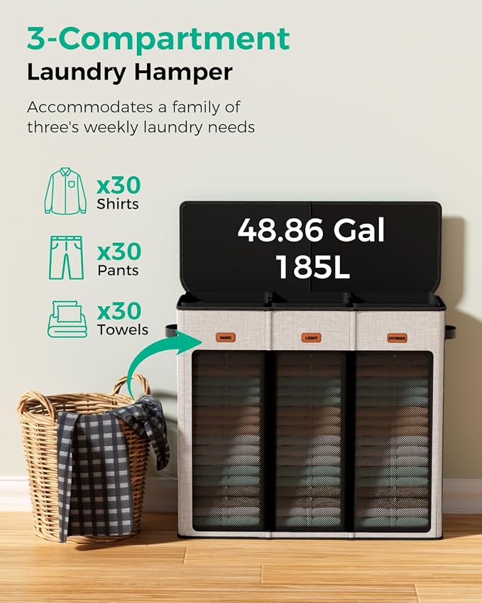 185L Laundry Hamper 3 Section with Lid & Removable Bags | Collapsible laundry basket organizer for laundry room, bedroom & dorm with 3 removable washing bags - Image 5