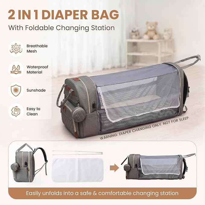 HAWILAND Diaper Bag Backpack for Mom Dad, Large Travel Baby Bag with Station, Lightweight Diaper Bag with Insulated Pockets & USB Changing Port, Grey - Image 5