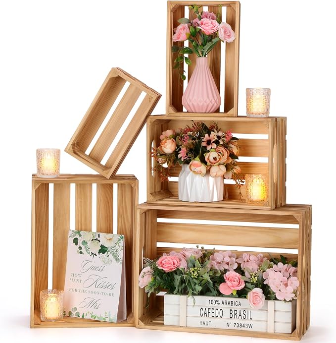 Soaoo 5 Pcs Decorative Nesting Wooden Crates for Storage Display 5 Size Large Small Rustic Wood Decorative Storage Crates with Handle Farmhouse Crate Box Container Made from Pine(Classic Color) by Soaoo