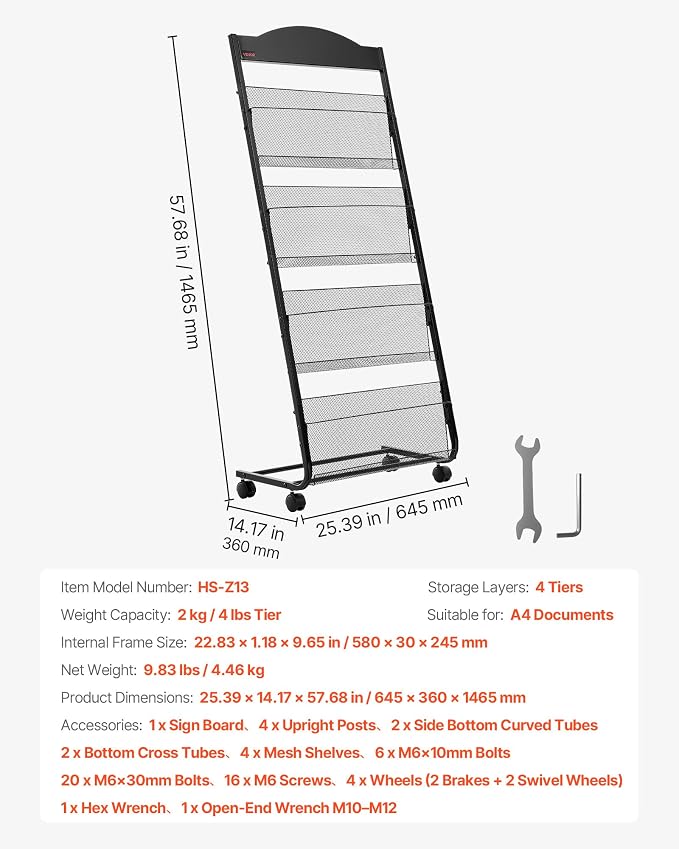 VEVOR Brochure Display Rack, 4-Tier Magazine Literature Display Stand with Wheels, Movable Floor Standing Magazine Rack, Heavy Duty Newspaper Catalog Holders for Shop Exhibitions Office Craft Fairs - Image 7
