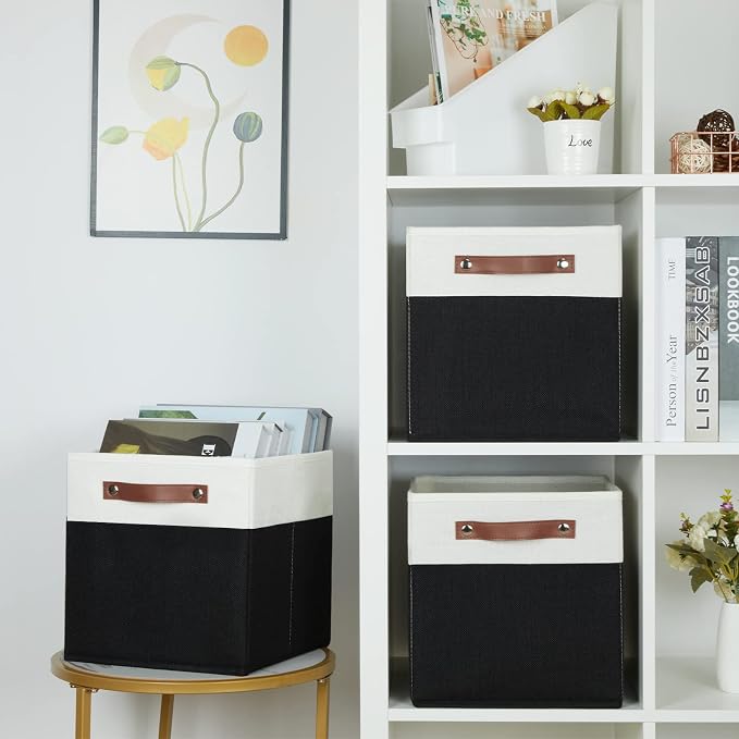 HNZIGE Cubes Storage Bins Set of 4,11 x 11 Fabric Storage Cube Baskets for Storage,Decorative Storage Bins for Shelves with Handles,Closet Clothes Baskets for Organizing Home(Black White) - Image 6