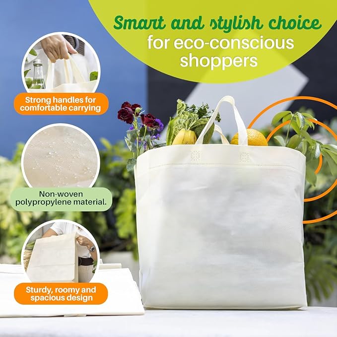 Simply Cool 200 Pack Reusable Grocery Bags, Medium Tote Bags Bulk, Cream | 12.6"x6.3"x11.8" Heavy Duty Non-woven Custom Shopping Bags with Handles, Foldable, Washable for Retail and Commercial use - Image 6